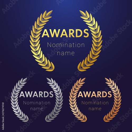 Awards logotype set. Isolated abstract graphic design template. Celebrating elegant nomination banner, decorative old tradition collection of #1 #2 #3 place, round shining symbols. Vector illustration