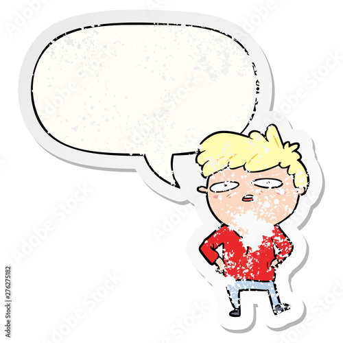 cartoon impatient man and speech bubble distressed sticker