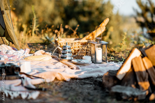 Close-up of a picnic with fireplace, plaid and teapot in the forest