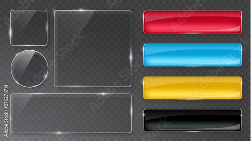Glass plates set. Realistic transparent and multicolored glass buttons. Vector glass banners on gray background.