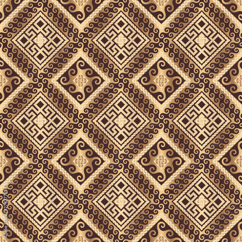 Antique gold ornament on brown background. Seamless vector texture.