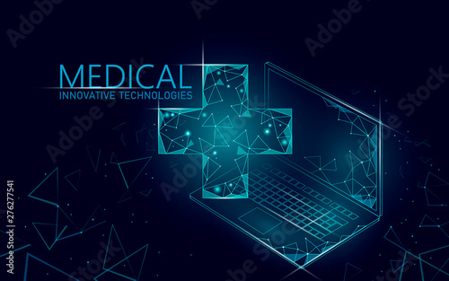 Medical cross symbol doctor online concept. Medical consultation app. Web healthcare diagnosis geometric modern hospital network banner. Calling pharmacy market background low poly