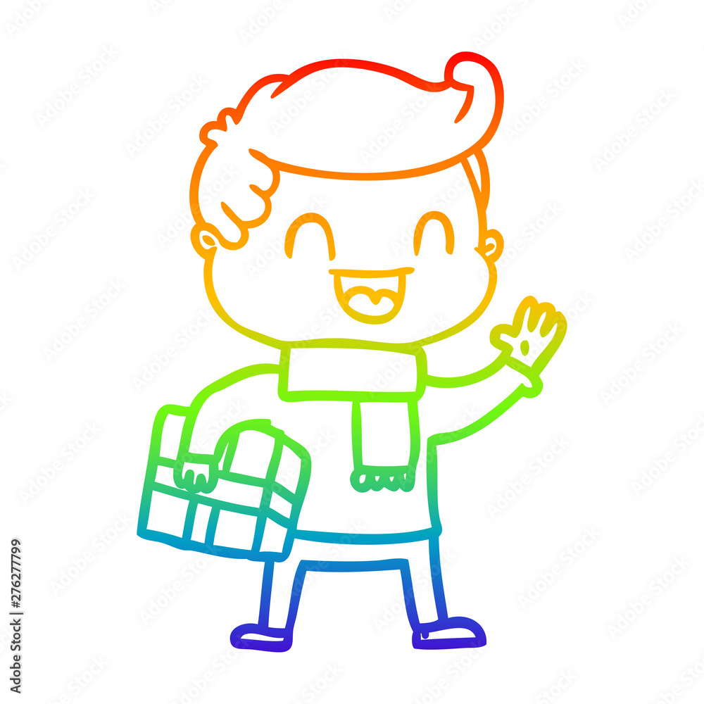 rainbow gradient line drawing cartoon laughing man holding gift