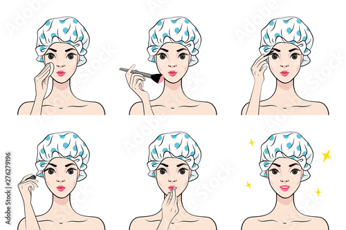Young Woman in shower cap Makes Up With Various Actions Set. Steps. Cosmetic. Beauty, Makeup. Healthy. Vector illustration in cartoon style