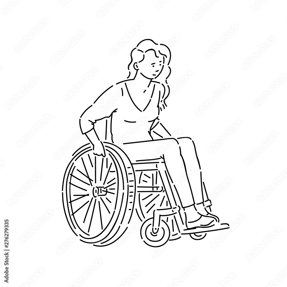 Young disabled woman in wheelchair vector line art black white sketch isolated illustration. Young disabled woman in wheelchair vector line art black white sketch isolated illustration.