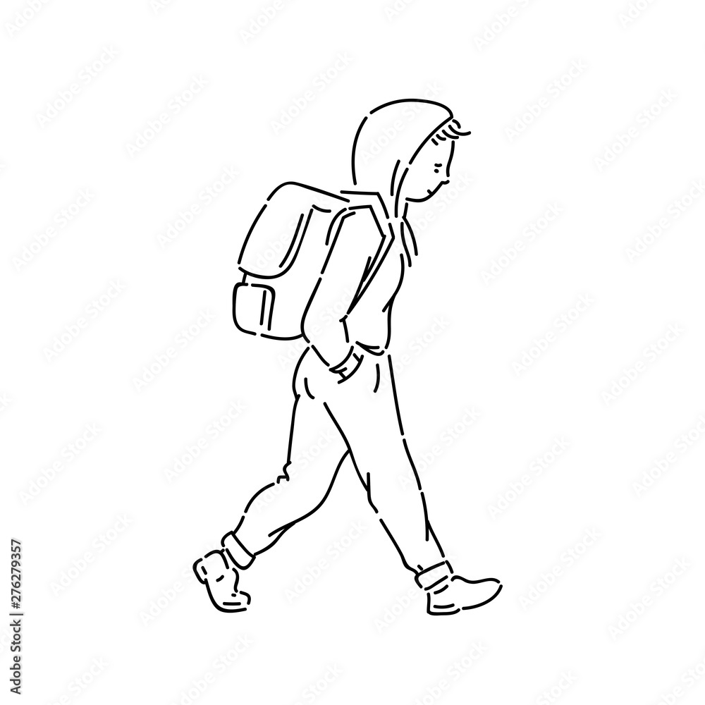 Young teen boy with backpack vector line art flat black white sketch isolated illustration. Young teen boy with backpack vector line art flat black white sketch isolated illustration.