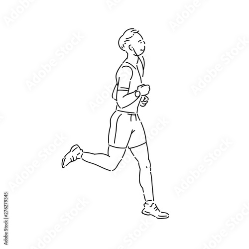 Young man athlete runs with headphones vector line art flat black white sketch isolated illustration.