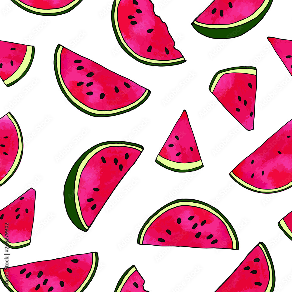 Vector seamless pattern with hand drawn watermelon slices. Isolated on white Vector seamless pattern with hand drawn watermelon slices. Isolated on white