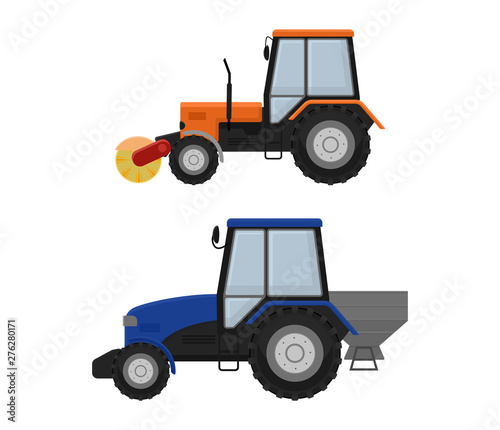 Road cleaning machine excavator tractor vector vehicle truck sweeper cleaner wash city streets illustration, vehicle van cat excavator bulldozer tractor lorry transportation isolated on background