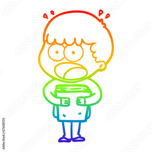 rainbow gradient line drawing cartoon shocked man with a book