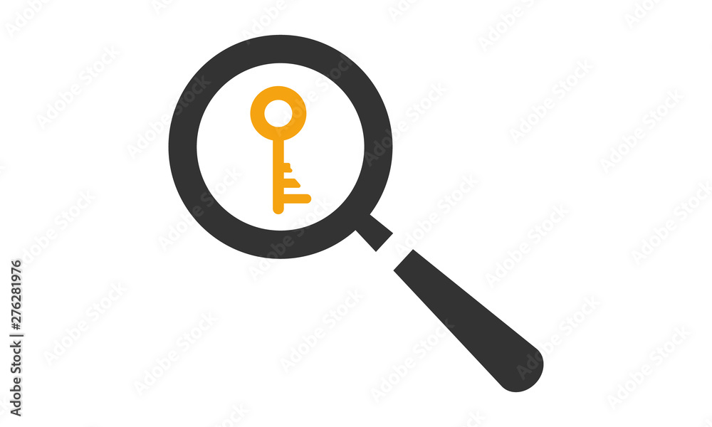Keyword search icon with magnifying glass and key for SEO and online searches Keyword search icon with magnifying glass and key for SEO and online searches
