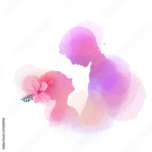 Romantic Valentine lovers silhouette on watercolor background. Love at first sign concept.  Engagement couple. Happy valentine's day.