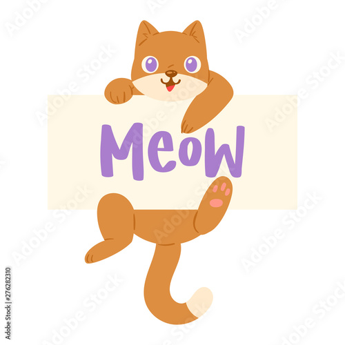 Cat banner vector kitten character peeking behind cardboard kitty holding copy space message poster illustration set of pussycat pet animal advertising isolated on background