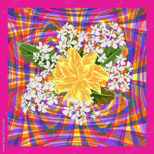Square flower arrangement. Beautiful garden flowers on geometric background. Pattern for printing on scarves, postcards, carpets, bandanas, napkins, home textiles. Vector.