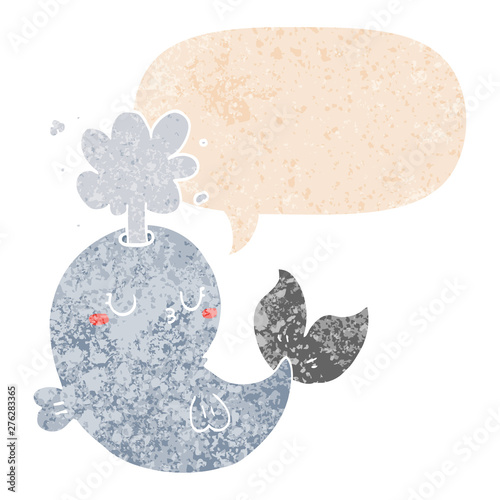 cartoon whale spouting water and speech bubble in retro textured style