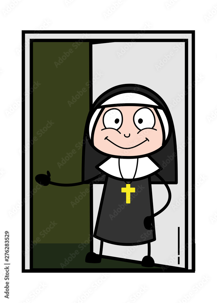 Inviting to Come Inside the House - Cartoon Nun Lady Vector Illustration Inviting to Come Inside the House - Cartoon Nun Lady Vector Illustration