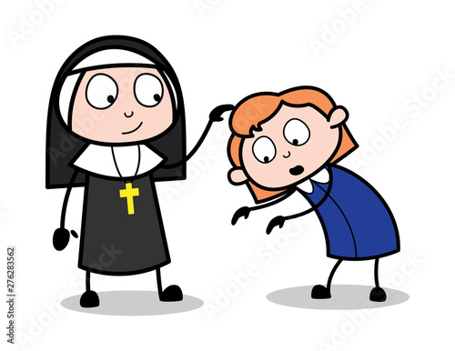 A Girl Trying to Touch Feet - Cartoon Nun Lady Vector Illustration