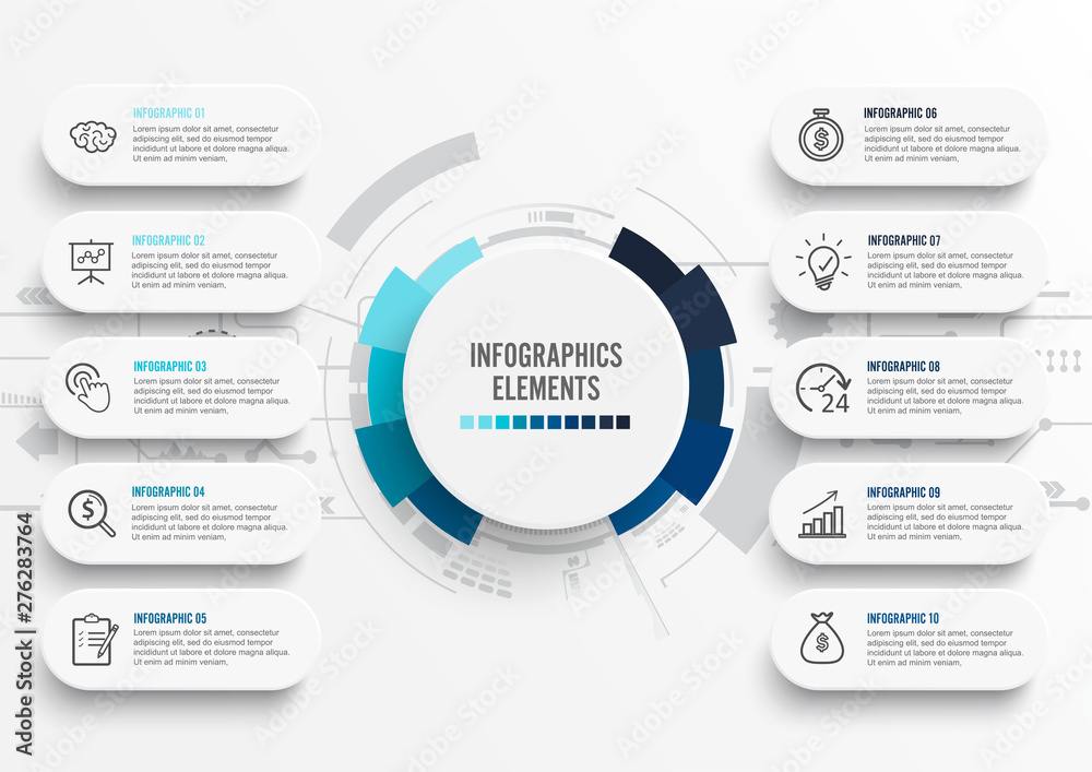 Vector infographic template with 3D paper label, integrated circles. Business concept with 10 options. For content, diagram, flowchart, steps, parts, timeline infographics, workflow, chart.
