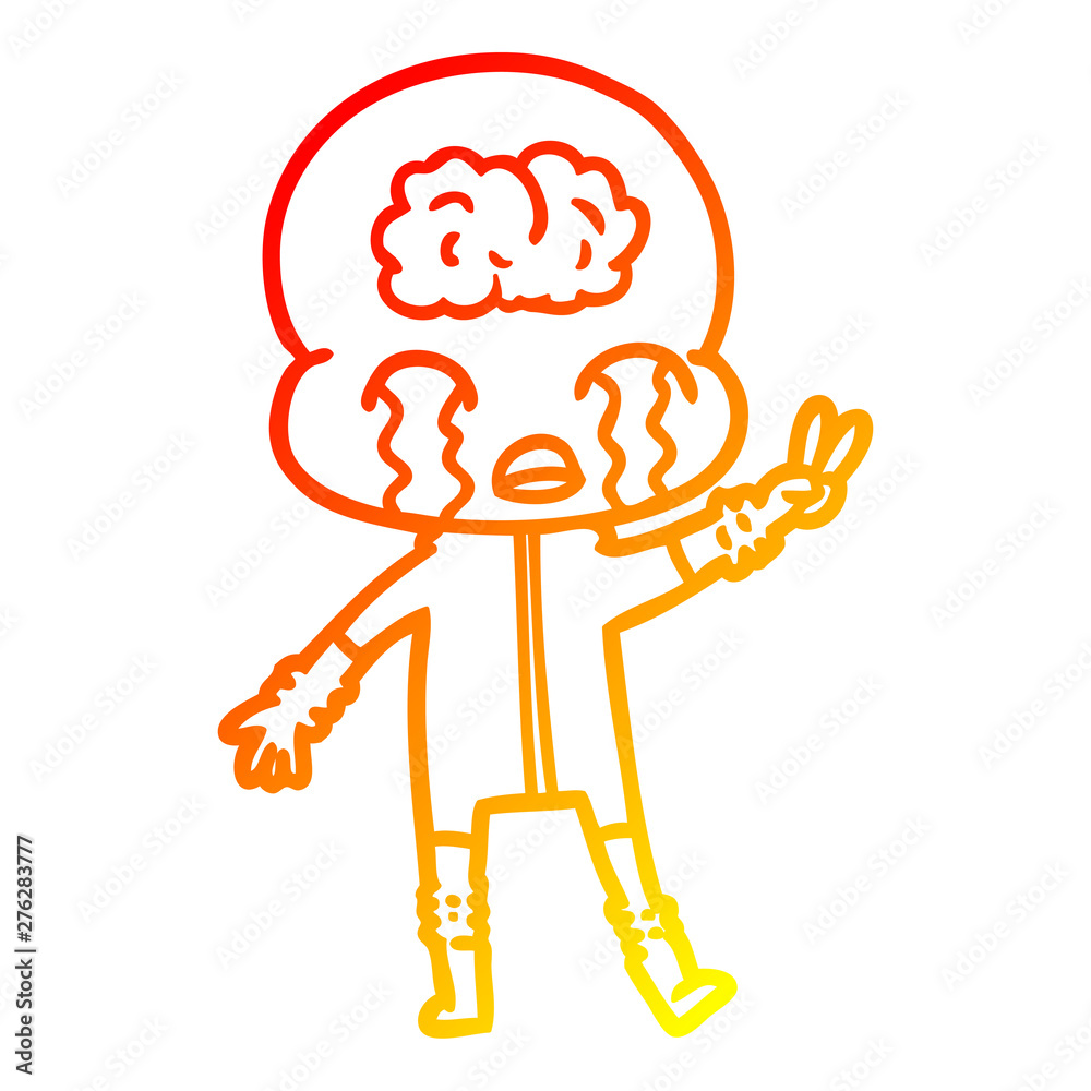 warm gradient line drawing cartoon big brain alien crying and giving peace sign warm gradient line drawing cartoon big brain alien crying and giving peace sign