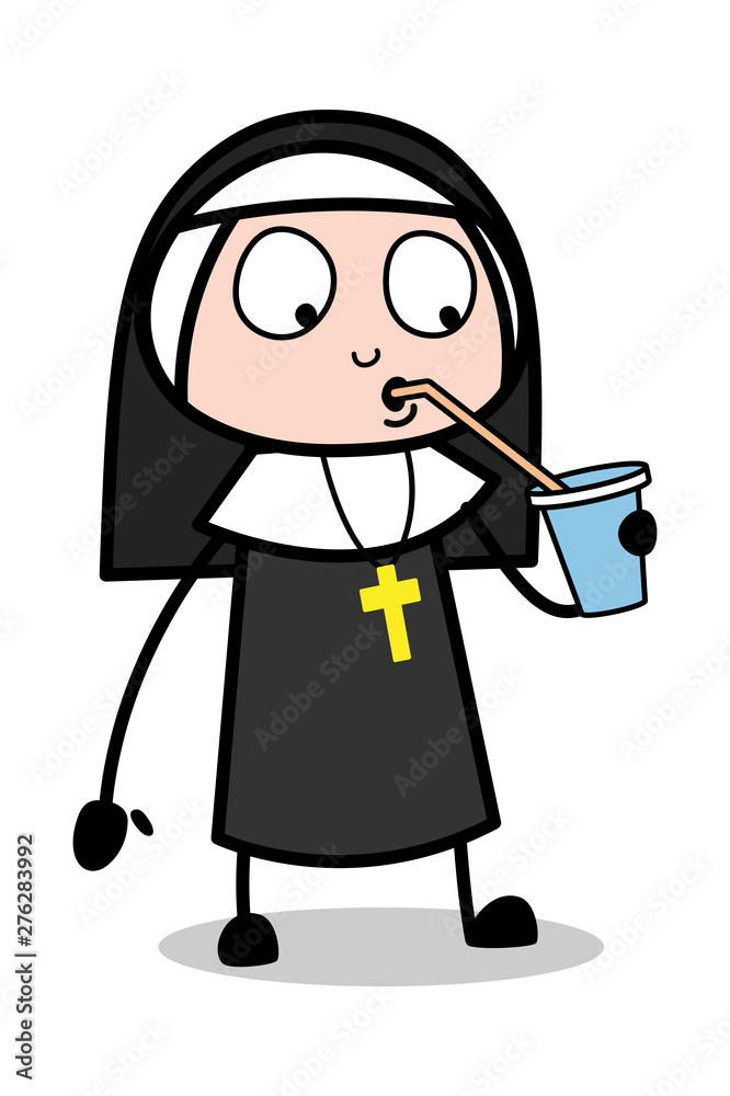 Drinking Energy Drink - Cartoon Nun Lady Vector Illustration