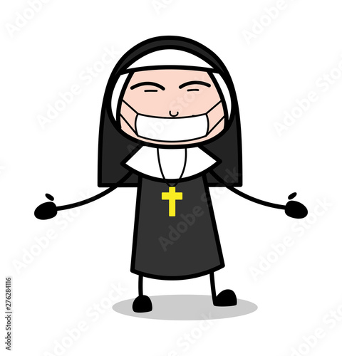 Pollution Mask on Face - Cartoon Nun Lady Vector Illustration