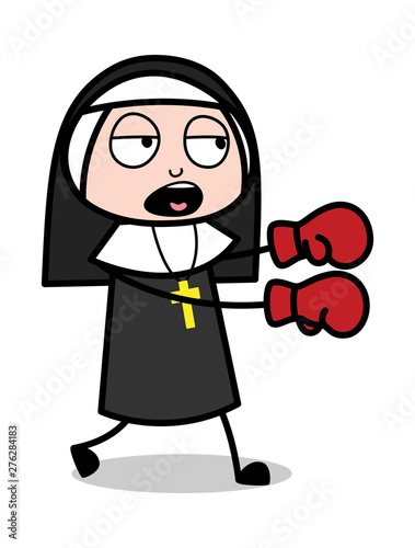 Punching - Cartoon Nun Lady Vector Illustration