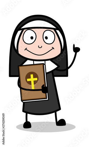 Holding a Bible Book - Cartoon Nun Lady Vector Illustration