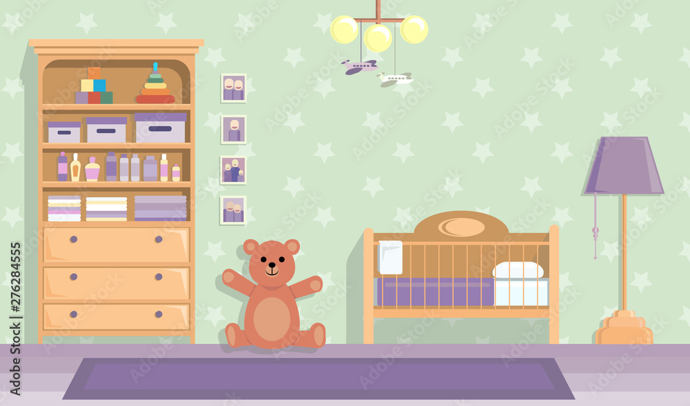 baby room in lilac . Vector image in flat design style. Paper space with place for text