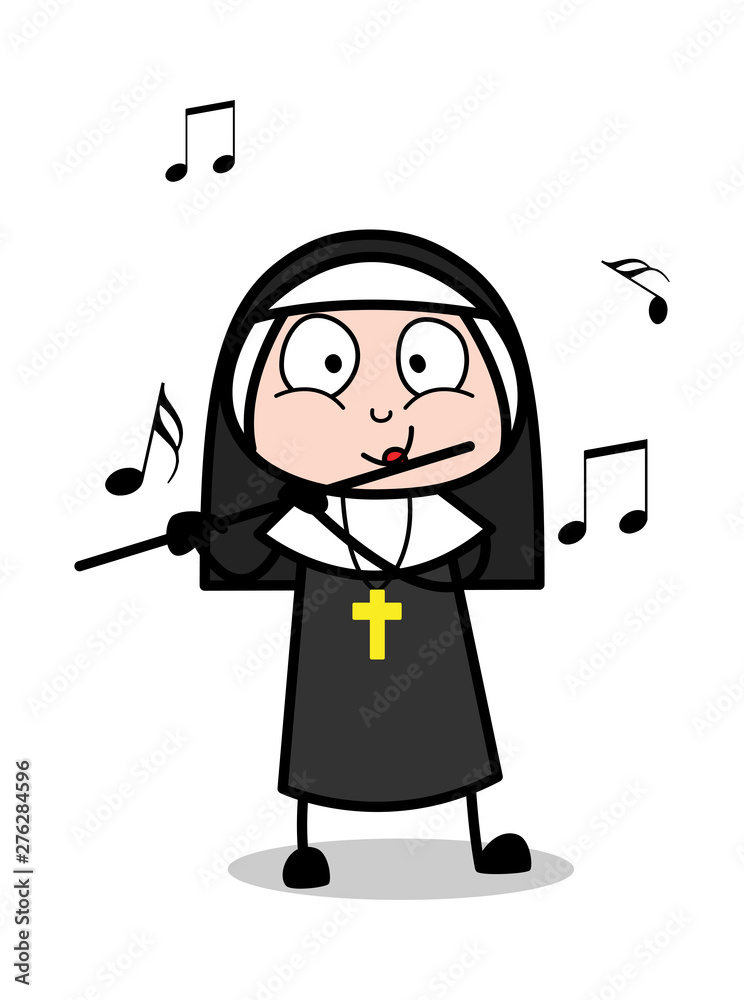 Playing Flute - Cartoon Nun Lady Vector Illustration Playing Flute - Cartoon Nun Lady Vector Illustration