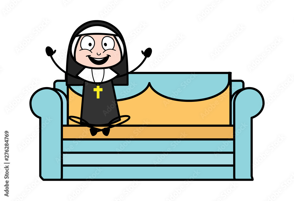 Raising Hands and Cheer Up - Cartoon Nun Lady Vector Illustration