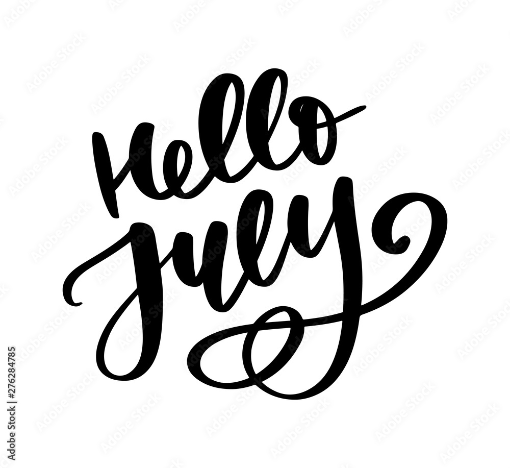 Hello july lettering print. Summer minimalistic illustration. Isolated calligraphy on white background. Hello july lettering print. Summer minimalistic illustration. Isolated calligraphy on white background.