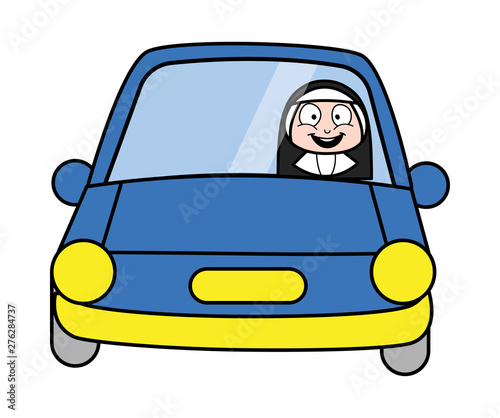 Happy Driving - Cartoon Nun Lady Vector Illustration