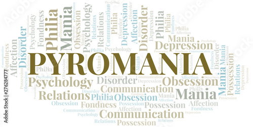 Pyromania word cloud. Type of mania, made with text only.