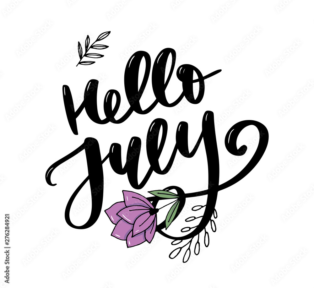 Hello july lettering print. Summer minimalistic illustration. Isolated calligraphy on white background. Hello july lettering print. Summer minimalistic illustration. Isolated calligraphy on white background.