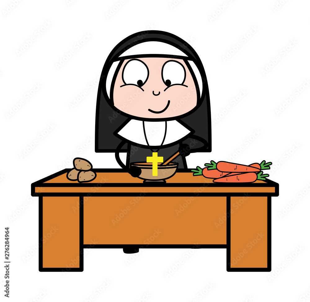 Fototapeta premium Preparing Food in Kitchen - Cartoon Nun Lady Vector Illustration