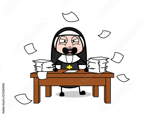 Shouting and Throwing Papers - Cartoon Nun Lady Vector Illustration