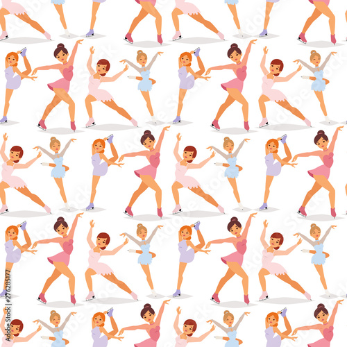 Figure ice skater women vector beauty sport girls doing exercise and tricks jump characters dancer people performance seamless pattern background illustration.