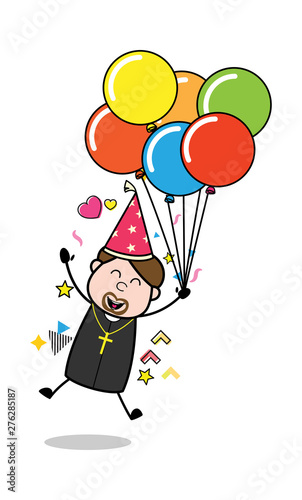 Flying with Balloons - Cartoon Priest Monk Vector Illustration