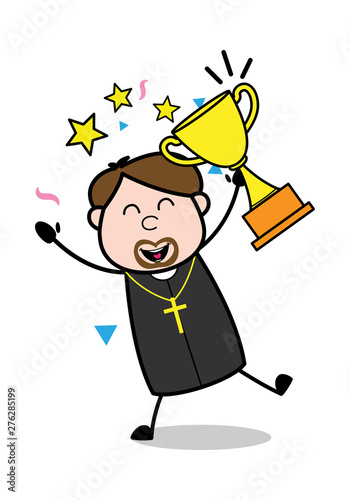 Excited after Getting Trophy - Cartoon Priest Monk Vector Illustration