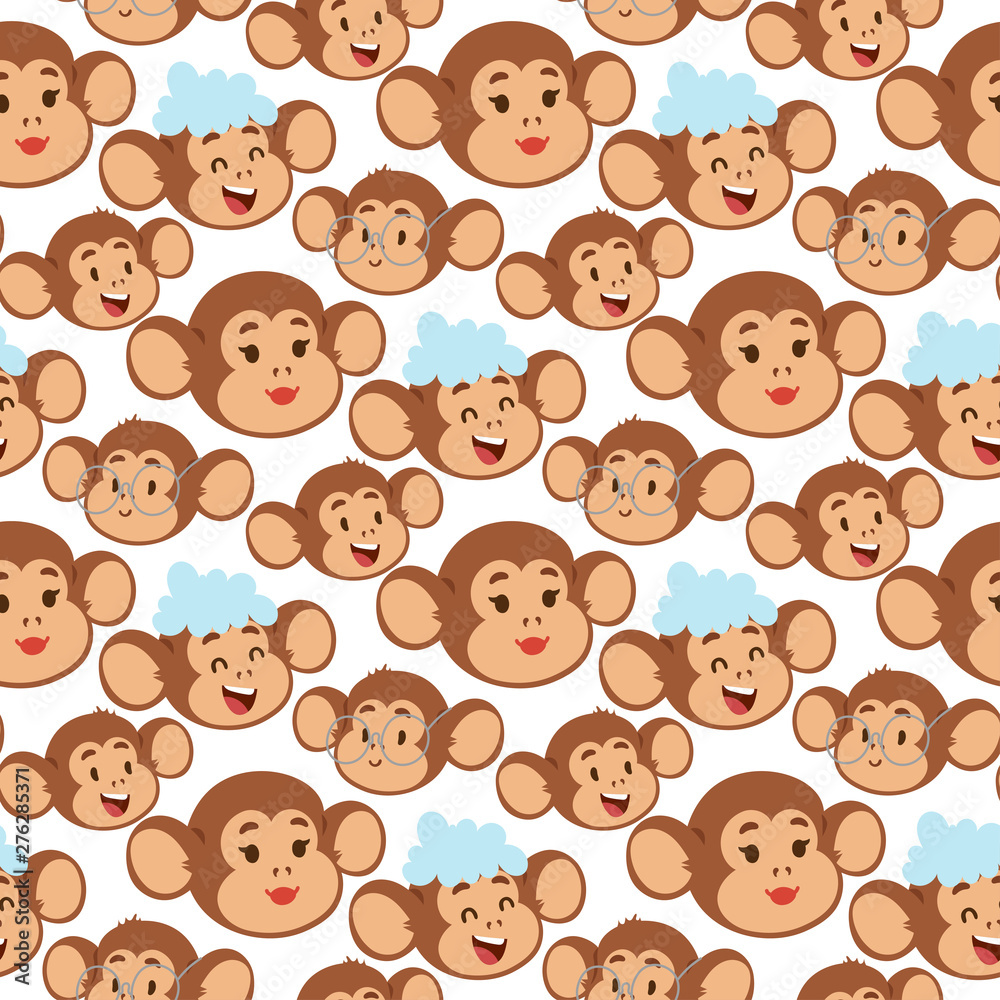 Monkeys rare animal vector cartoon macaque like people nature primate character wild zoo ape chimpanzee seamless pattern bakground illustration.