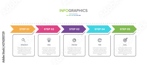 Concept of arrow business model with 5 successive steps. Five colorful rectangular elements. Timeline design for brochure, presentation. Infographic design layout.