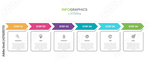 Concept of arrow business model with 6 successive steps. Six colorful rectangular elements. Timeline design for brochure, presentation. Infographic design layout.