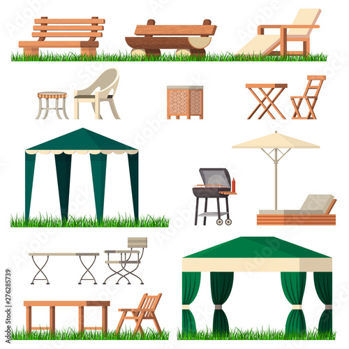 Garden furniture vector tent table chair seat on terrace design outdoor in summer backyard outside illustration gardening relaxation set of furnished chaise lounge isolated on white background