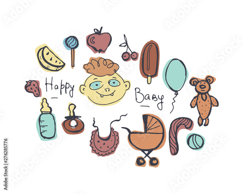 Children's hand drawn doodle set. Baby, pram, nipple, bottle, bib, toys, sweets. Color vector isolated illustration on white.