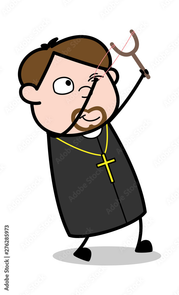 Fototapeta premium Aiming with Sling Shot - Cartoon Priest Monk Vector Illustration