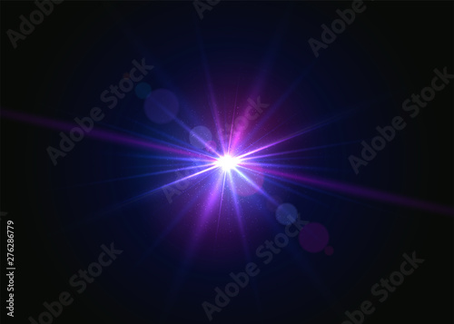 Glowing flash. Beautiful glare effect with bokeh, glitter particles and rays. Sparkling light effects of lens flare with colorful twinkle. Shining abstract background. Vector illustration.