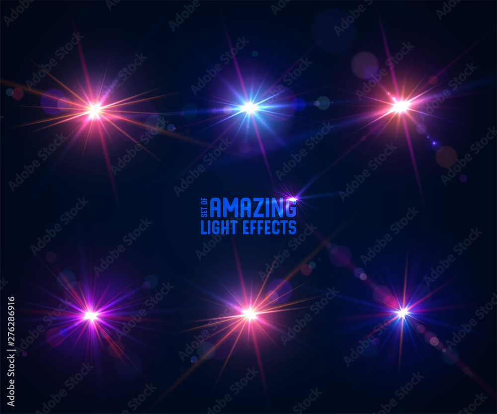 Glowing lens flares. Set of beautiful glare effects with bokeh, glitter particles and rays. Sparkling light effects of flash with colorful twinkle. Shining abstract background. Vector illustration Glowing lens flares. Set of beautiful glare effects with bokeh, glitter particles and rays. Sparkling light effects of flash with colorful twinkle. Shining abstract background. Vector illustration