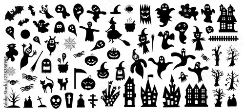 Set of silhouettes of Halloween on a white background. Vector illustration...