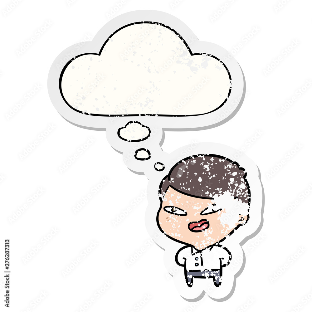 cartoon happy business man and thought bubble as a distressed worn sticker cartoon happy business man and thought bubble as a distressed worn sticker