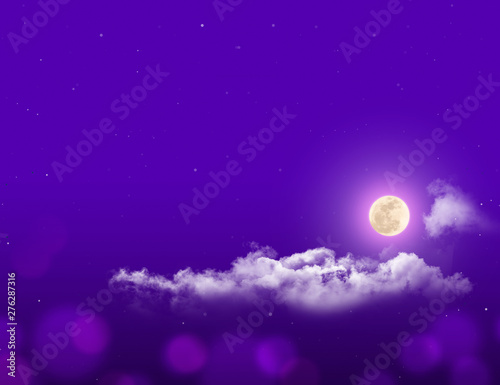Mystical Night sky background with full moon, clouds and stars. Moonlight night with copy space Sun risk time